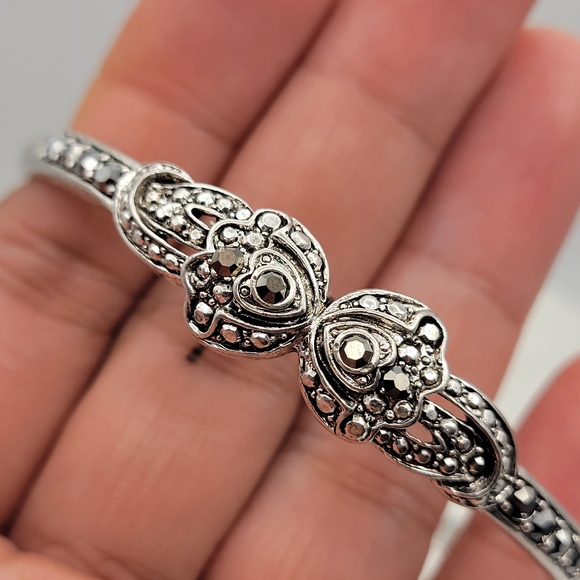 Sterling Silver Bangle Bracelet with Intricate Marcasite Detailing Unsigned - Picture 7 of 16